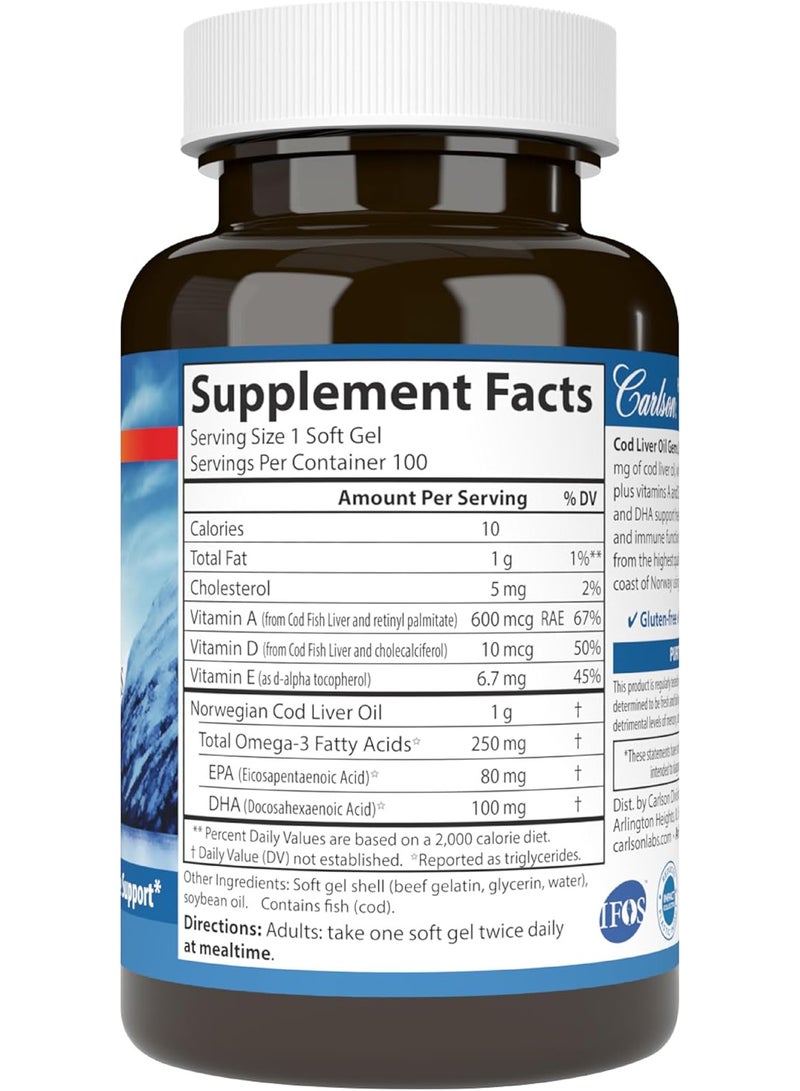 كارلسون زيت كبد سمك القد، فائق التركيز 1000 ملغ + فيتامينات أ و د3، بري نرويجي، مصدره مستدام، 100 كبسولة هلامية - Image 2